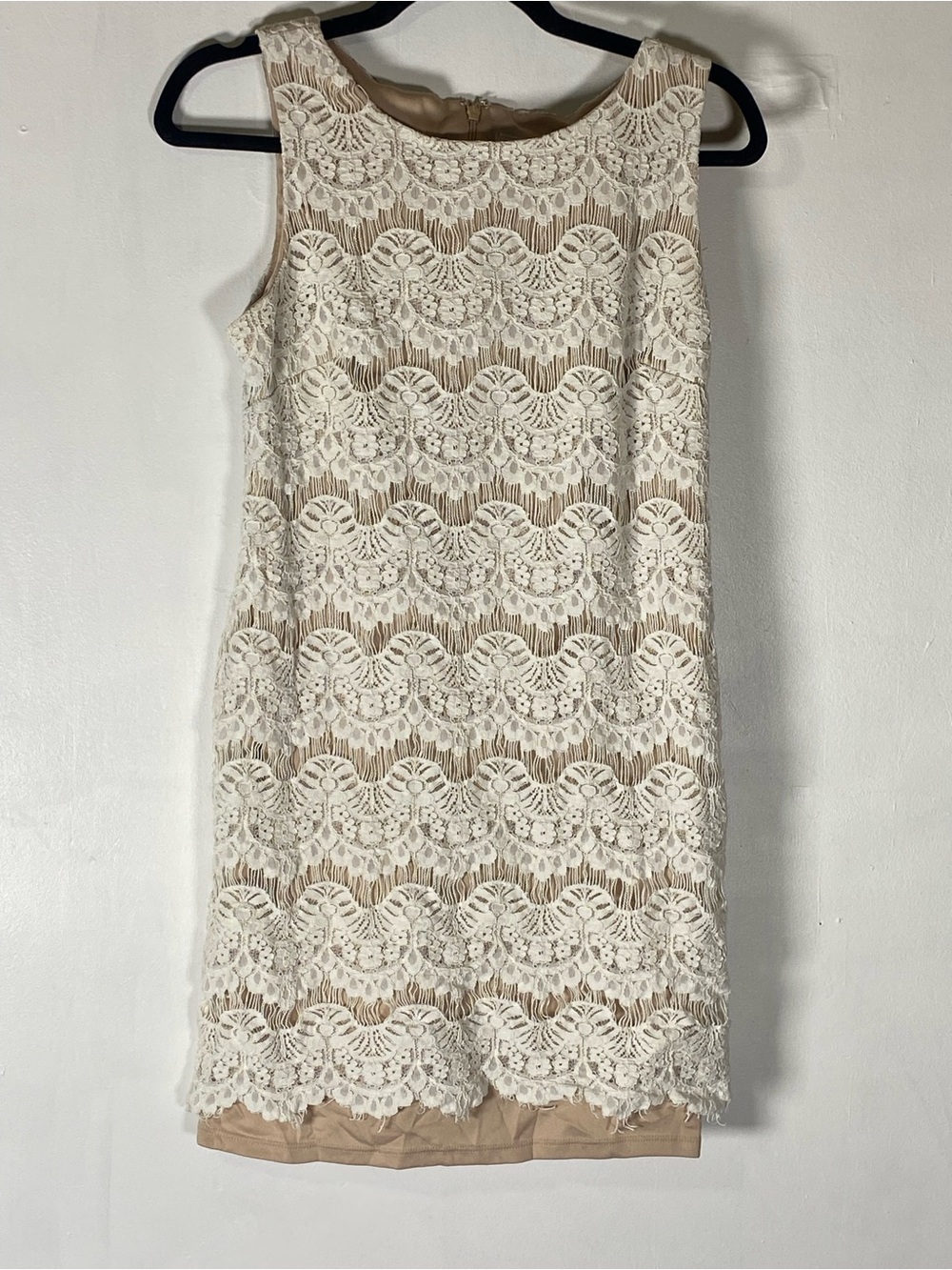 Ivory Crochet Lace Shift Dress Nude Lined Sleeveless Scallop Hem Petite 8P